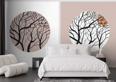 Simple Hand Drawn Vector Illustrations with Black Winter Trees in a Round Shape Frame on a White and Light Brown Background. Sunset in a Autumn Forest. Leafless Trees Modern Print ideal for Wall Art. Wall mural