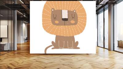 Simple Hand Drawn Vector Illustrations with Cute Dreamy Lion. Infantile Style Nursery Vector Print ideal for Wall Art, Poster, Card, Safari Party. Funny Sitting Lion Isolated on a White Background. Wall mural