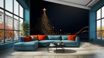 Abstract gold Christmas tree with stars on a black background Wall mural