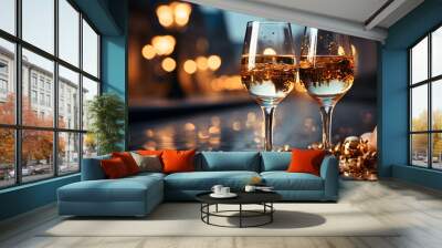 Champagne glasses on the table New Year's Eve celebration Wall mural