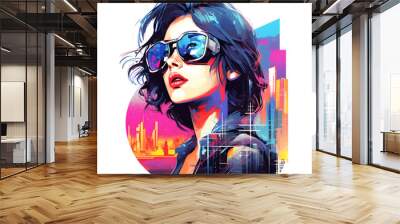 Cyberpunk girl with headphones in city retro outer space 80s vintage t-shirt design Wall mural