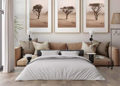 Minimalistic modern boho style living room interior with two vertical framed wall art on the wall and sofa Wall mural