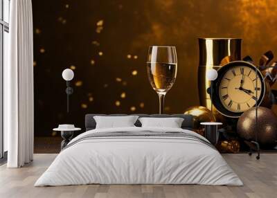 New Years Eve celebration Champagne glasses and gold Christmas decorations  Wall mural