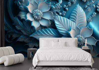 Shiny light blue frozen ice winter abstract crystal flower design. Generative AI Wall mural