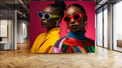 Two black fashion models wearing colourful stylish clothes sunglasses in studio Wall mural