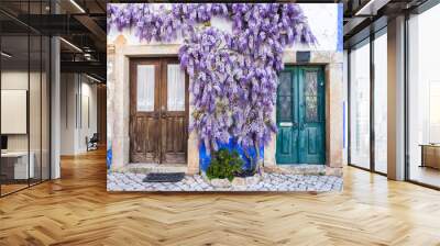 Purple wisteria plant growing arounf doors of an old house in Portugal Wall mural