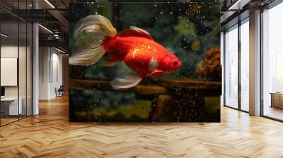 Goldfish with dark orange scales and flowy white fins in a home fish tank aquarium Wall mural