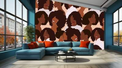 Modern Seamless pattern with diverse black women's faces and trendy hairstyles. Female portrait of African Americans with beautiful faces and smiles. Black lives matter concept Wall mural