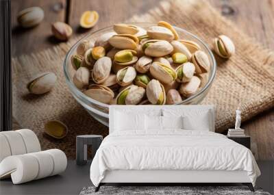 bowl of pistachios on rustic wooden table
 Wall mural