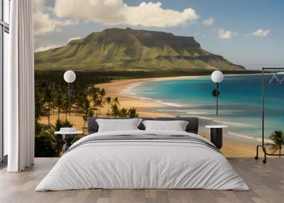 Cinematic Hawaii Beach with Green Mountain and Blue Ocean background Wall mural