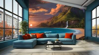 Cinematic Hawaii Beach with Green Mountain and Blue Ocean background Wall mural