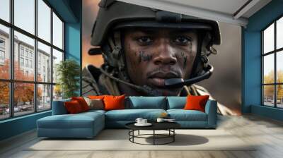 closeup of black soldier in combat gear with intense focus
 Wall mural