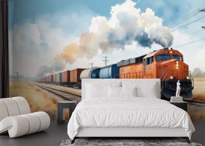 freight train in rural landscape watercolor art Wall mural