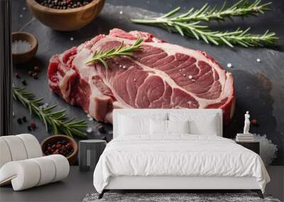 raw ribeye steak with herbs and spices
 Wall mural