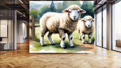 sheep and lambs watercolor style Wall mural