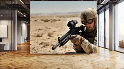 soldier aiming with sniper rifle in desert
 Wall mural