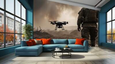 soldier with drone in a wartorn landscape
 Wall mural