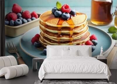 stack of pancakes with syrup and fresh berries
 Wall mural