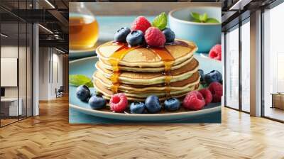 stack of pancakes with syrup and fresh berries
 Wall mural