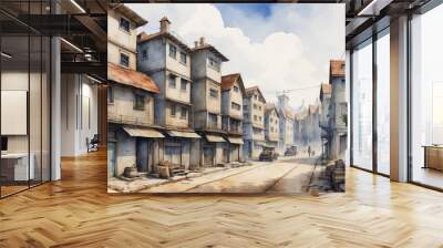 view of the town in the city watercolor style Wall mural