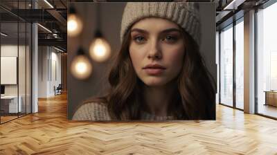 young woman wearing knitted hat with bokeh background
 Wall mural