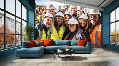 Group of male and female construction workers show unity at the construction site Wall mural