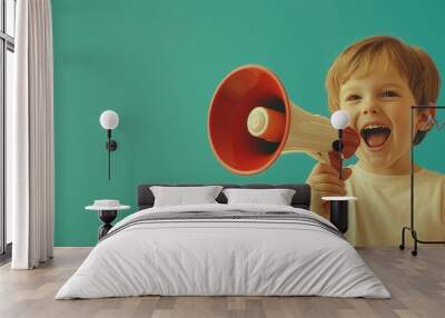 White boy. A person shouting through a megaphone. Copy space, Discounts, Promotions, Black Friday, Announcements, Promotions, Bonuses. Wall mural