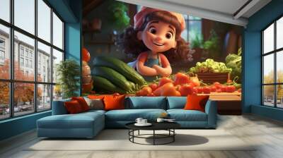 photo of a D character enjoying a farm-to-table meal with fresh vegetables. Wall mural