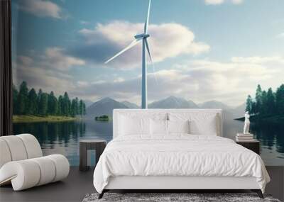 photo of a floating wind turbine in a serene lake. Wall mural