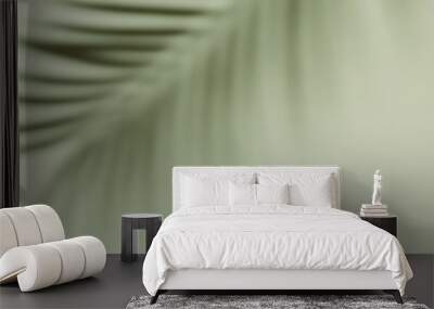 Palm leaf shadow on a green background. Olive color stylish flat lay with trendy shadow and sun light. Banner. Wall mural