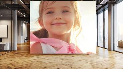 A child wearing a cape made of pink ribbons, with a hopeful smile, standing against a bright sky, Cancer Awareness Children, Young Hero Wall mural