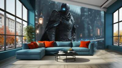 A mysterious knight in dark armor stands in a snow-covered landscape Wall mural