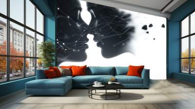 Abstract representation of connection and intimacy, showcasing silhouettes of two faces against a digital background. Wall mural