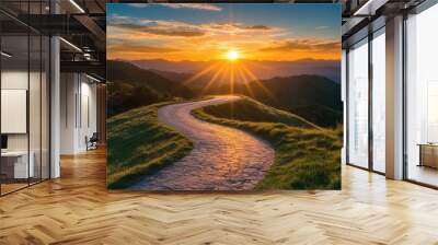 Bright sunrise illuminating a winding road, symbolizing the start of a new path Wall mural