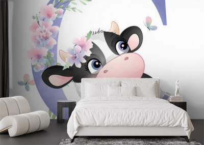 Cute cow with alphabet C watercolor illustration Wall mural