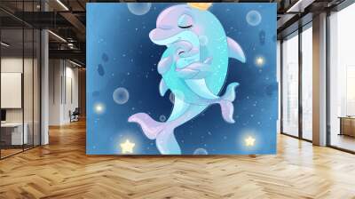 Cute dolphin mother and baby illustration Wall mural