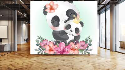 Cute panda mother and baby with floral illustration Wall mural