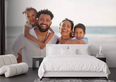 Family, children and beach portrait or piggyback, smile and happiness on summer vacation in nature together. Playful, carrying and parents for support, love and weekend break for bonding with kids Wall mural