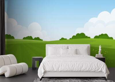 Summer green landscape. Fields, grass, flowers, forest and clouds. Vector illustration Wall mural