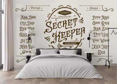 Vector font Secret Keeper. Letters and numbers Wall mural