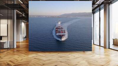 Aerial view of container ship in ocean. Loaded vessel move in calm water. Wall mural