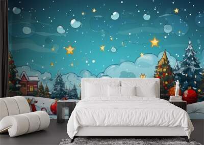 Christmas landscape banner Cartoon linear art style. Christmas holidays. Horizontal format for banners, posters, advertising, gift cards. AI generated. Wall mural