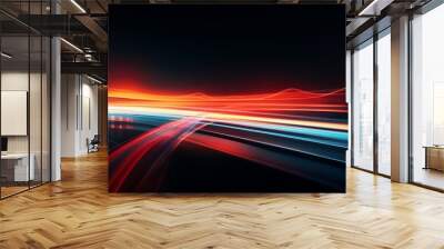 City Light Trails. A futuristic cityscape with dynamic red and blue light trails creating a sense of motion and speed. Perfect for technology-themed designs, urban studies, and vibrant backgrounds. Wall mural