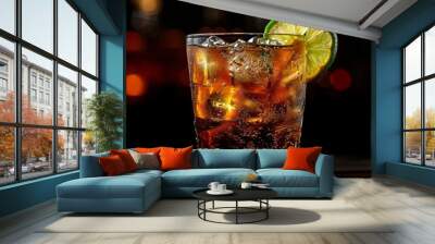 Cocktail Cuba Libre with dark background side view free space for text food photography texture. Cuba Libre Cocktail in restaurant postcard image texture banner postcard horizontal. Wall mural