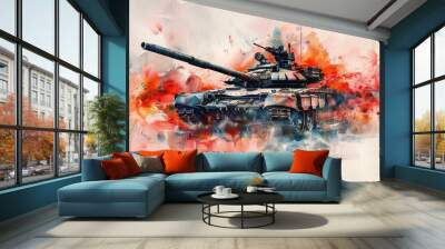 NATO history watercolor paint Illustration. Military Modern tank watercolor Illustration. Military armored vehicle. Wall mural