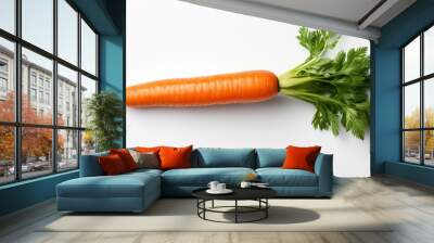 One fresh carrot with tops on white background. Carrot with tops. Food photography. Horizontal format Wall mural