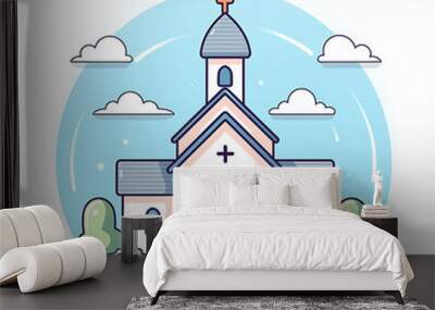 Church illustration, soft pastel colours, baptistic, catholic architecture, cartoon style, religious art for kids Wall mural