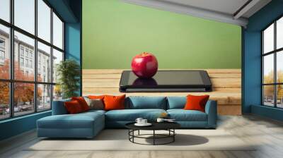 Back to school concept. Apple and tablet device on wooden table Wall mural