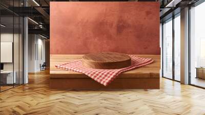 Empty podium on wooden table with tablecloth over rustic wall  background. Kitchen interior mock up for design and product display Wall mural