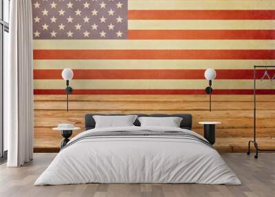 Empty wooden deck table over USA flag background Wall mural